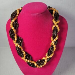Vintage Japan Braided Two-Tone Beaded Chocker Necklace With Floral Clasp